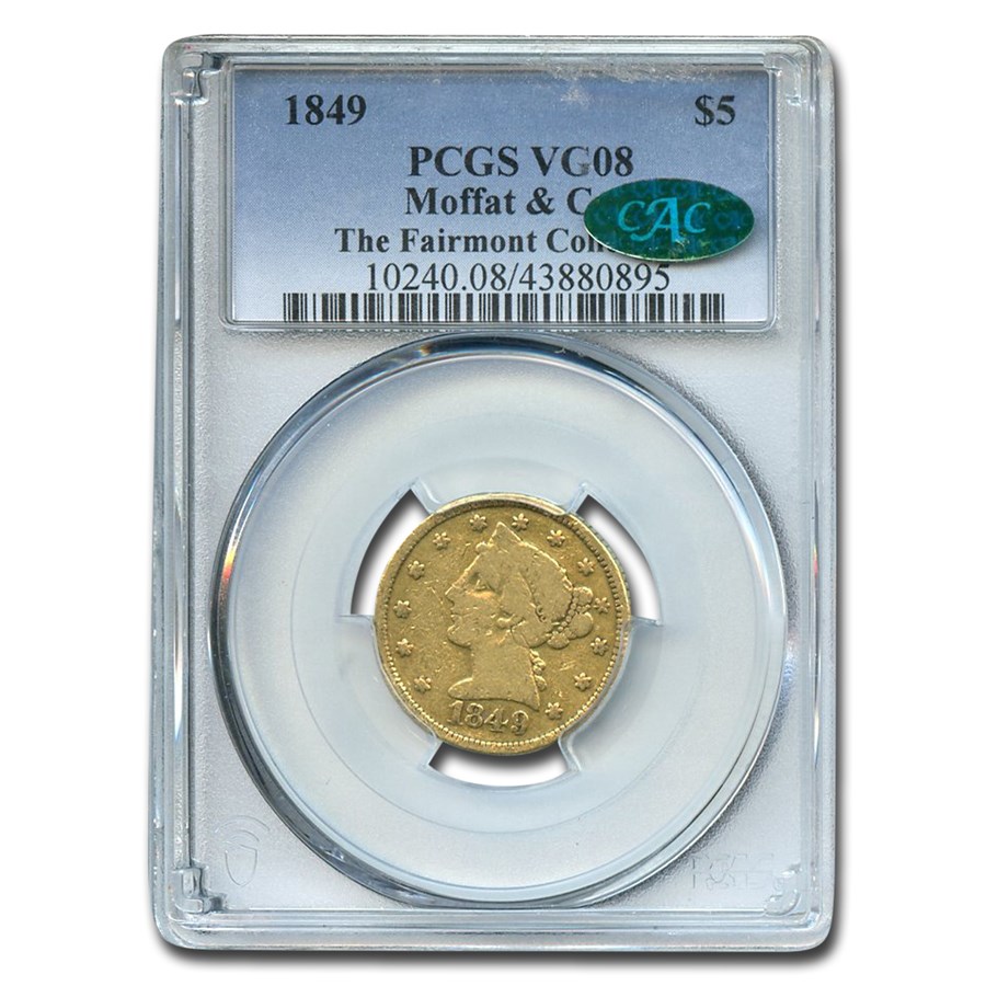 1849 $5 Moffat & Co. Liberty Gold Half Eagle VG-8 PCGS CAC