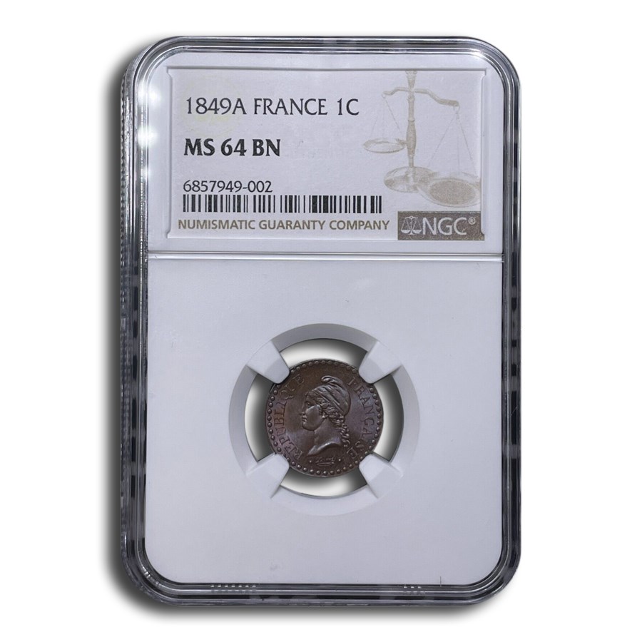 1849-A France 1 Centime MS-64 NGC (Brown)