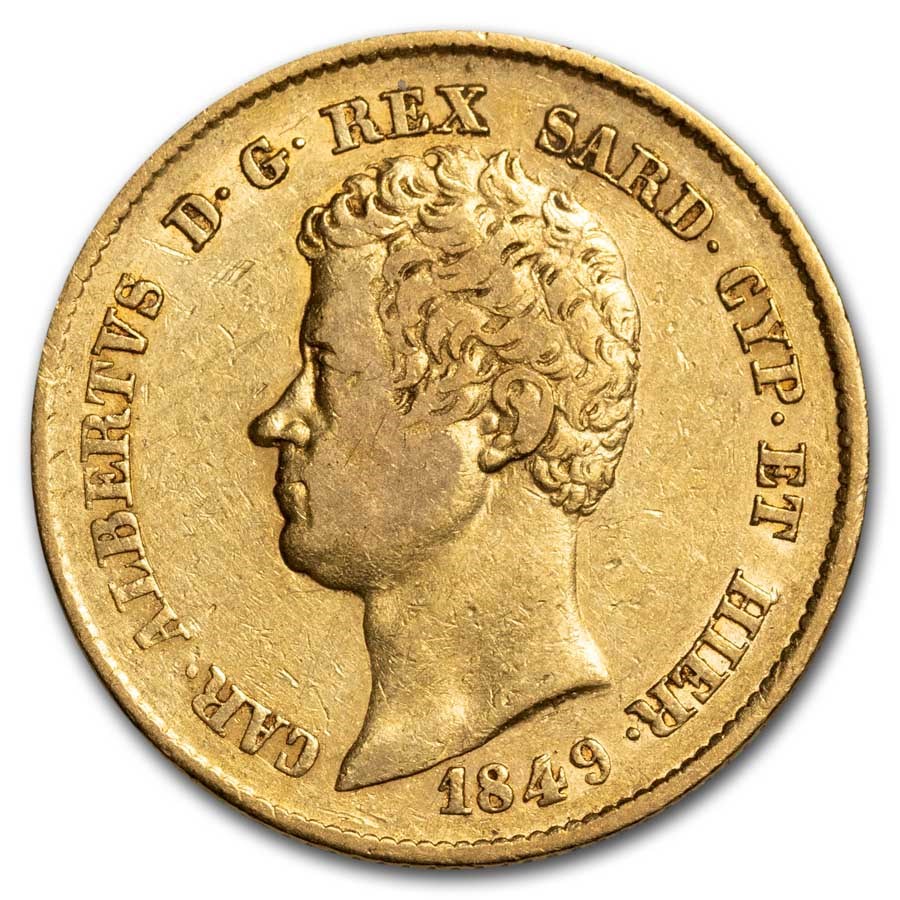 1849 G-Anchor Kingdom of Sardinia Gold 20 Lire Calo Felice VF