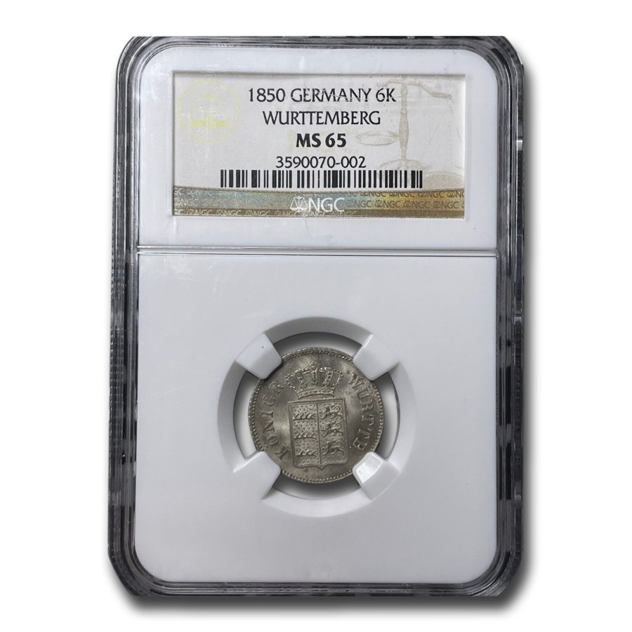 1850 Germany Silver 6 Kreuzer MS-65 NGC (Wurttemberg)