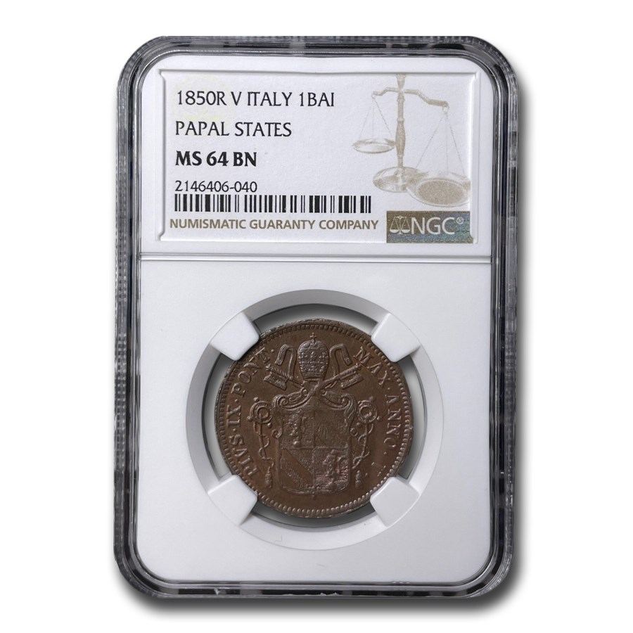 1850-R Italy Papal States Baiocco Pius IX MS-64 NGC (Brown)