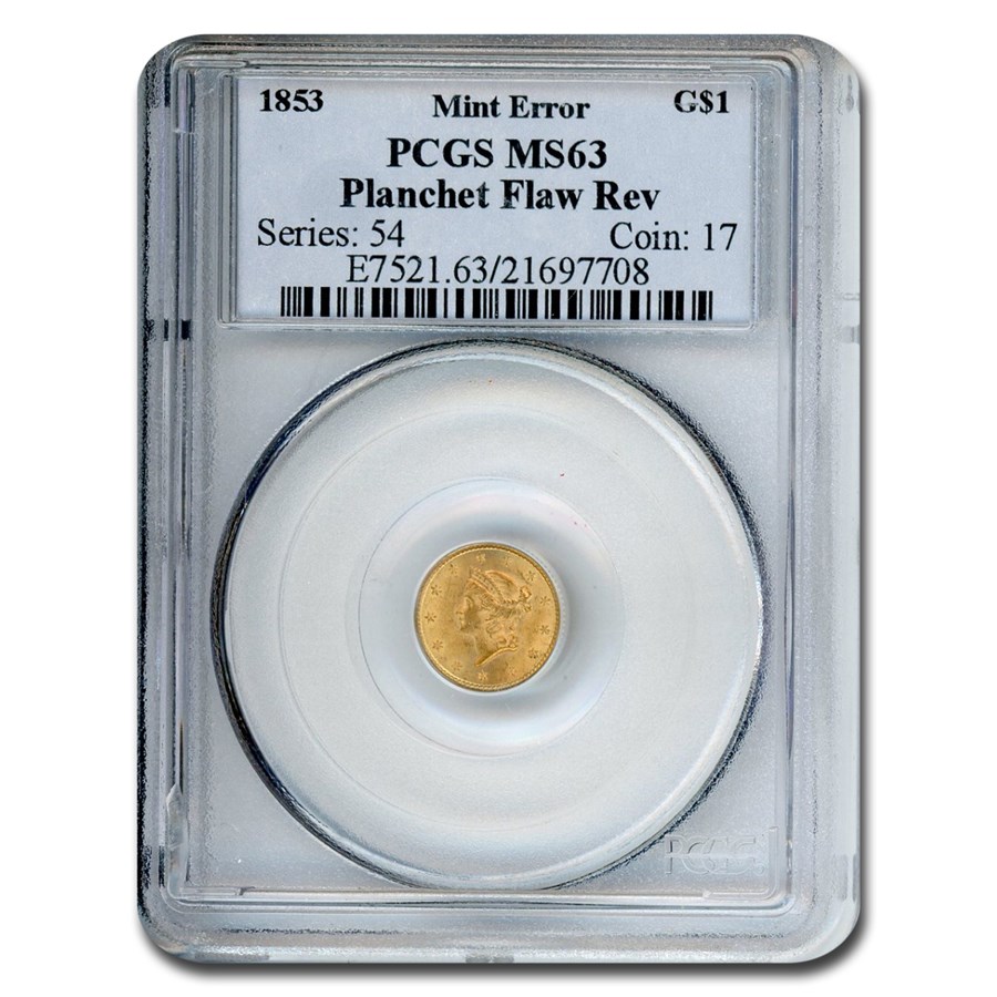 1853 $1 Liberty Head Gold MS-63 PCGS (Planchet Flaw Rev)