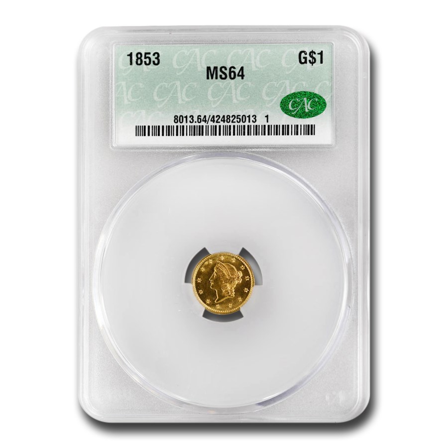 1853 $1 Liberty Head Gold MS-64 CAC