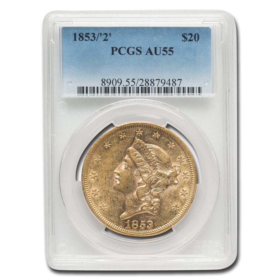 1853/2 $20 Liberty Gold Double Eagle AU-55 PCGS