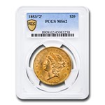 1853/2 $20 Liberty Gold Double Eagle MS-62 PCGS