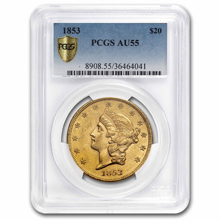 1853 $20 Liberty Gold Double Eagle AU-55 PCGS