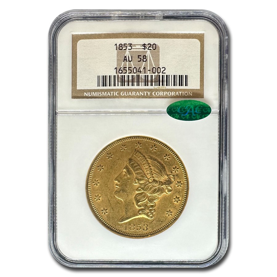 1853 $20 Liberty Gold Double Eagle AU-58 NGC CAC