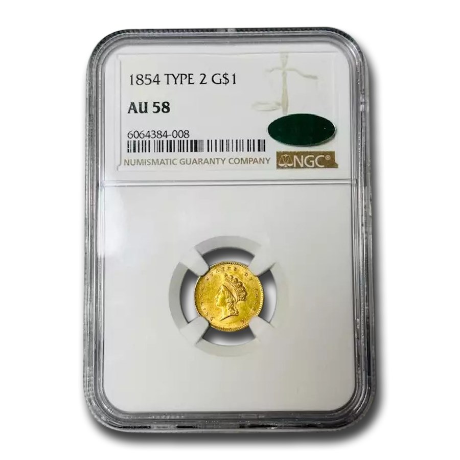 1854 $1 Indian Head Gold Type 2 AU-58 NGC CAC