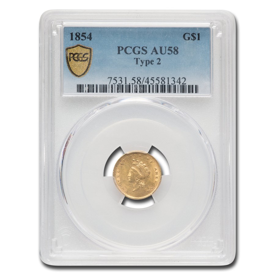 1854 $1 Indian Head Gold Type 2 AU-58 PCGS