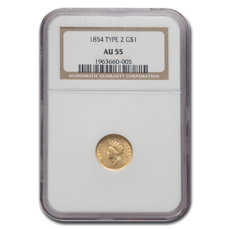 1854 $1 Indian Head Gold Type-II AU-55 NGC