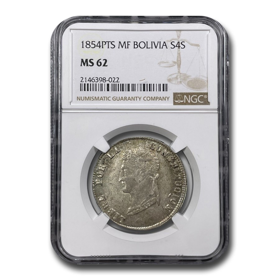 1854-Pts Bolivia Silver 4 Soles Bolivar MS-62 NGC