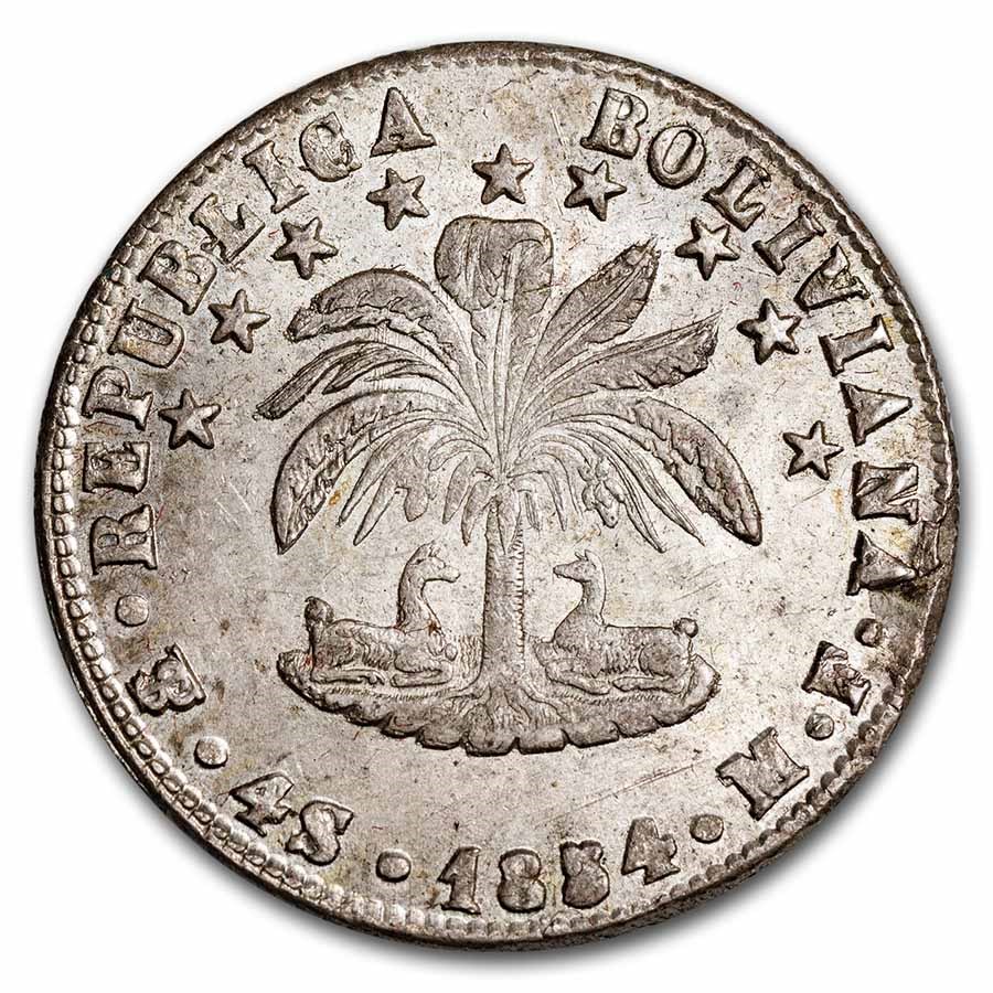 1854-PTS MF Bolivia Silver 4 Soles Bolivar BU