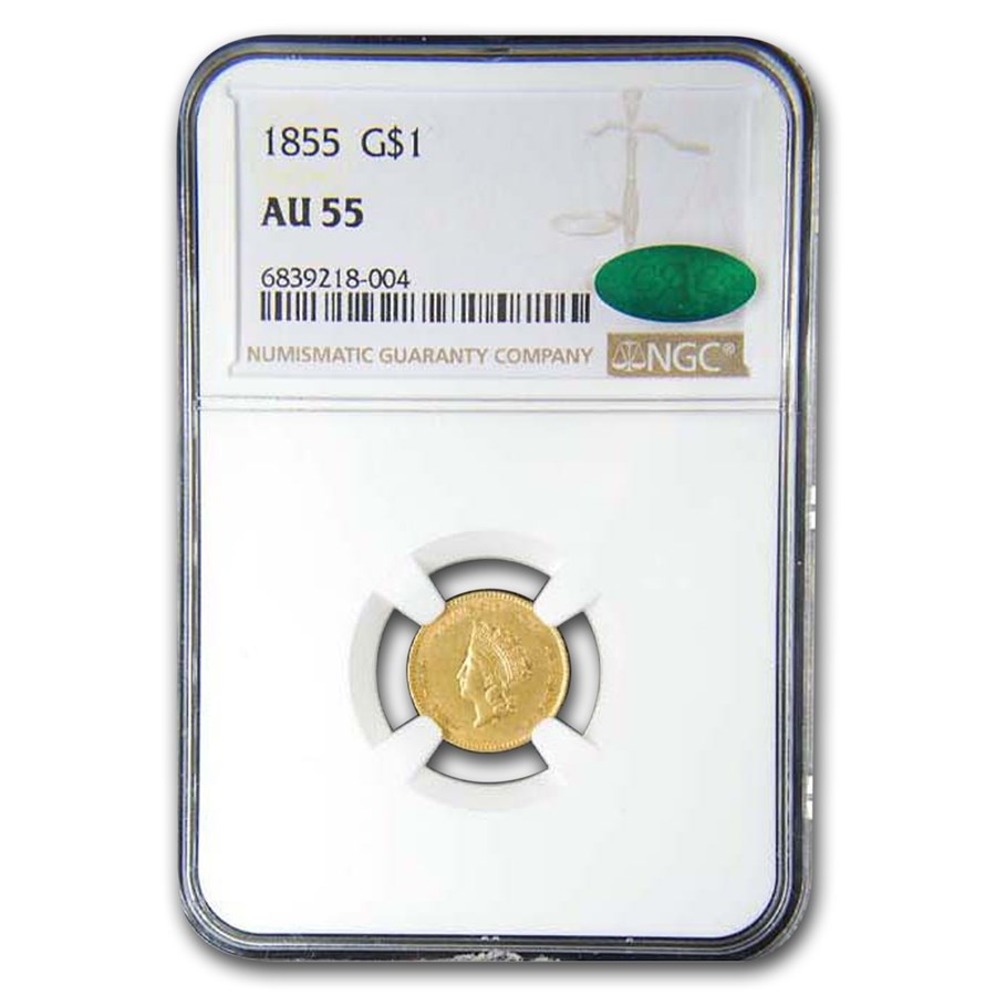 1855 $1 Indian Head Gold AU-55 NGC CAC