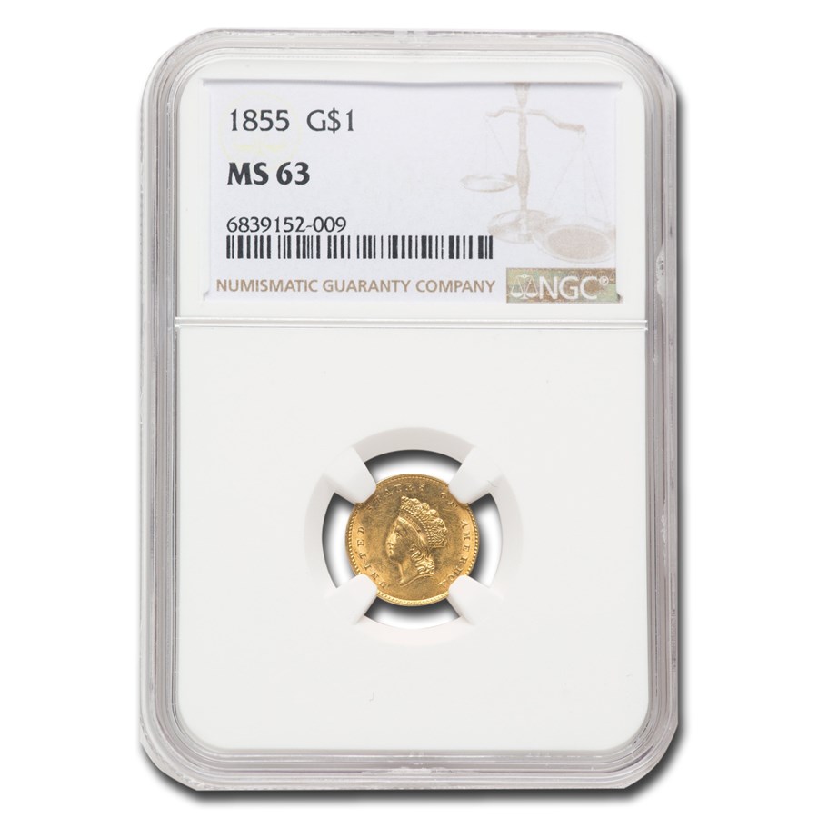 1855 $1 Indian Head Gold Dollar MS-63 NGC