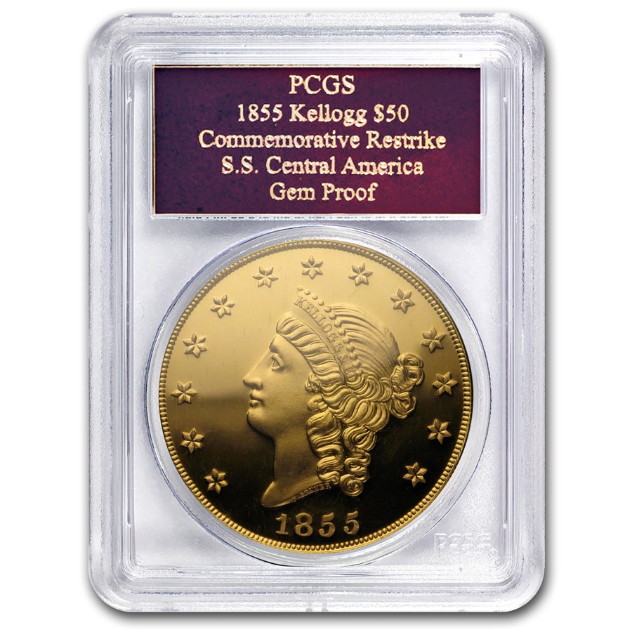 1855 2.419 oz $50 Kellogg Restrike GEM Proof PCGS (w/Box)
