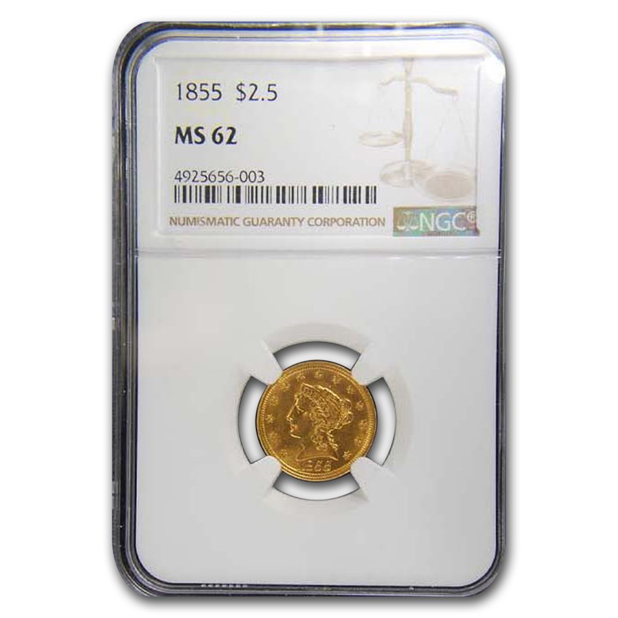 1855 $2.50 Liberty Gold Quarter Eagle MS-62 NGC