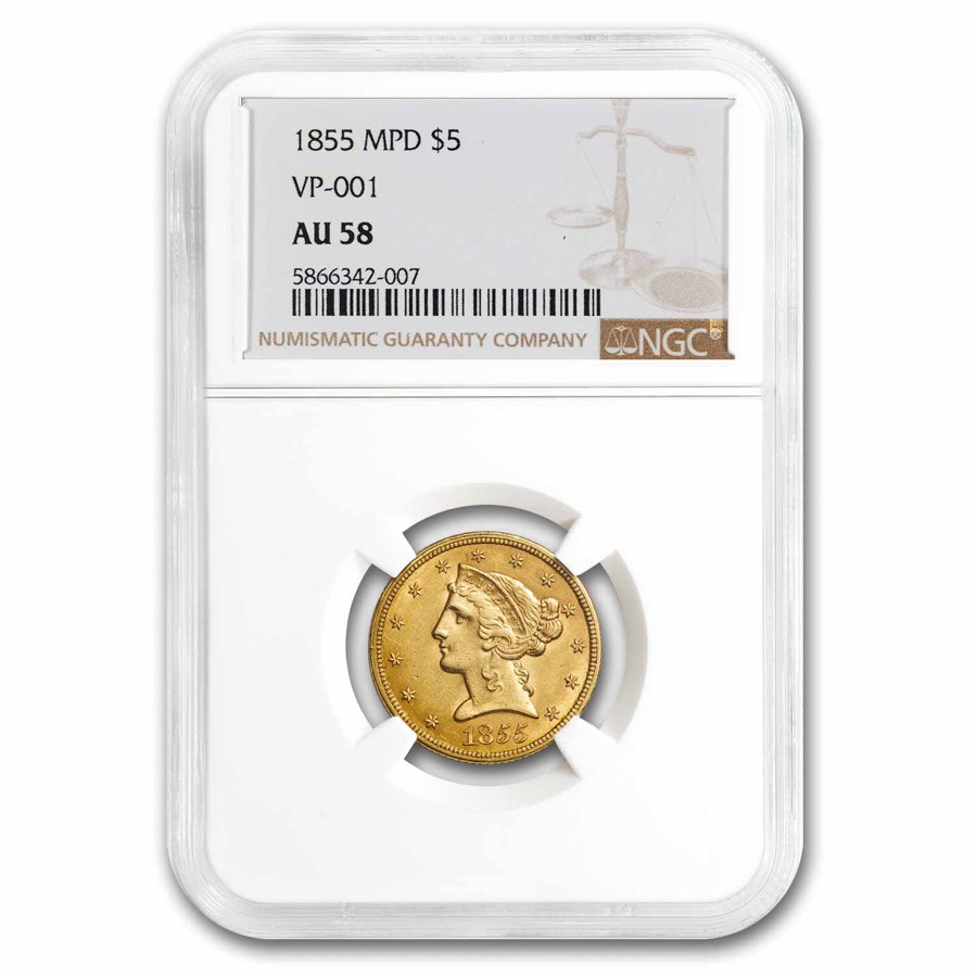 1855 $5 Liberty Gold Half Eagle AU-58 NGC (MPD, VP-001)