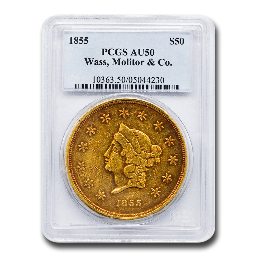 1855 $50 Wass Molitor Gold California Gold Rush AU-50 PCGS