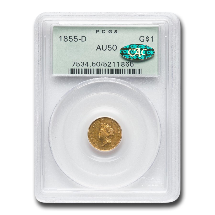 1855-D $1 Indian Head Gold AU-50 PCGS CAC