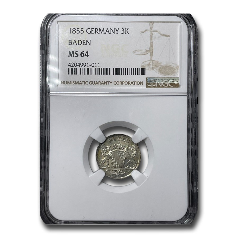 1855 Germany Silver 3 Kreuzer MS-64 NGC (Baden)