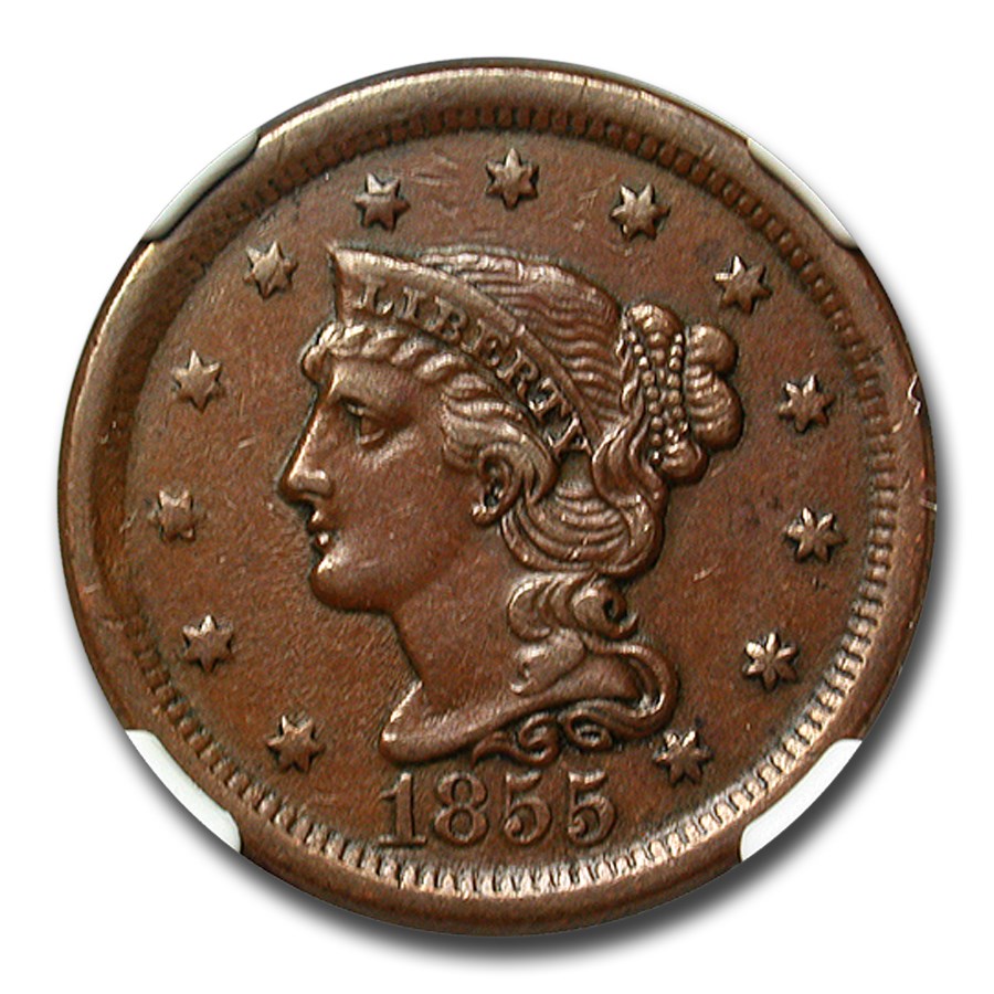 1855 Large Cent AU-50 NGC (Upright 55)