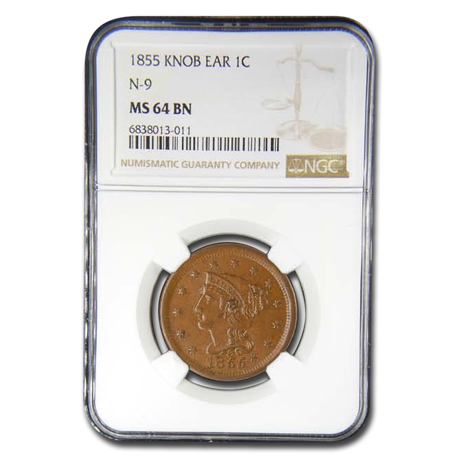 1855 Large Cent MS-64 NGC (Brown, Knob Ear, N-9)