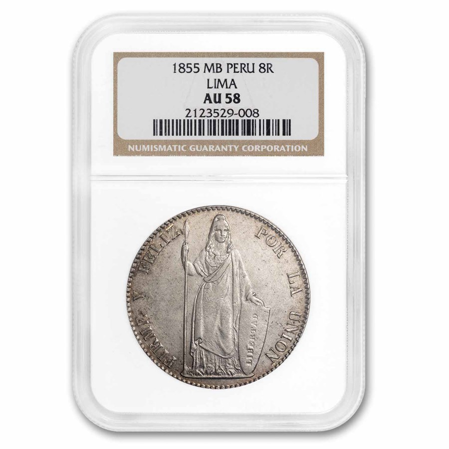 1855-LIMA MB Peru Silver 8 Reales AU-58 NGC