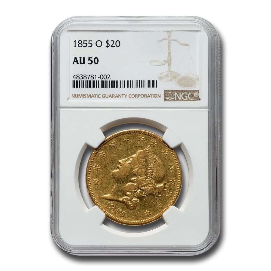 1855-O $20 Liberty Gold Double Eagle AU-50 NGC