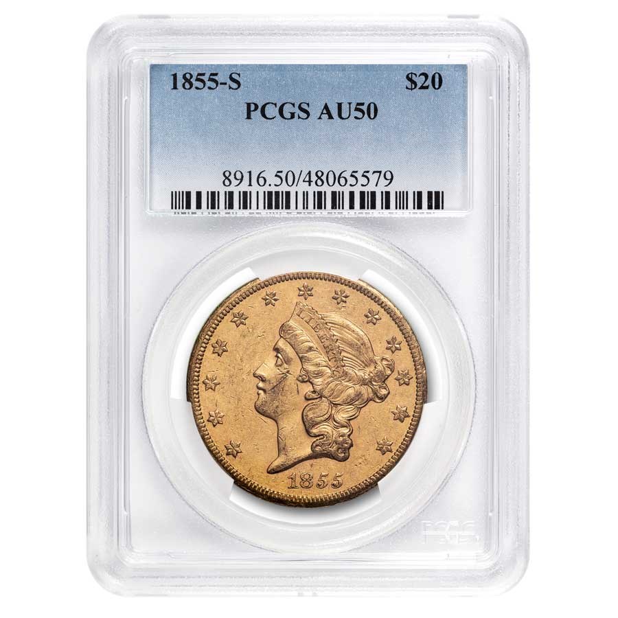 1855-S $20 Liberty Gold Double Eagle AU-50 PCGS