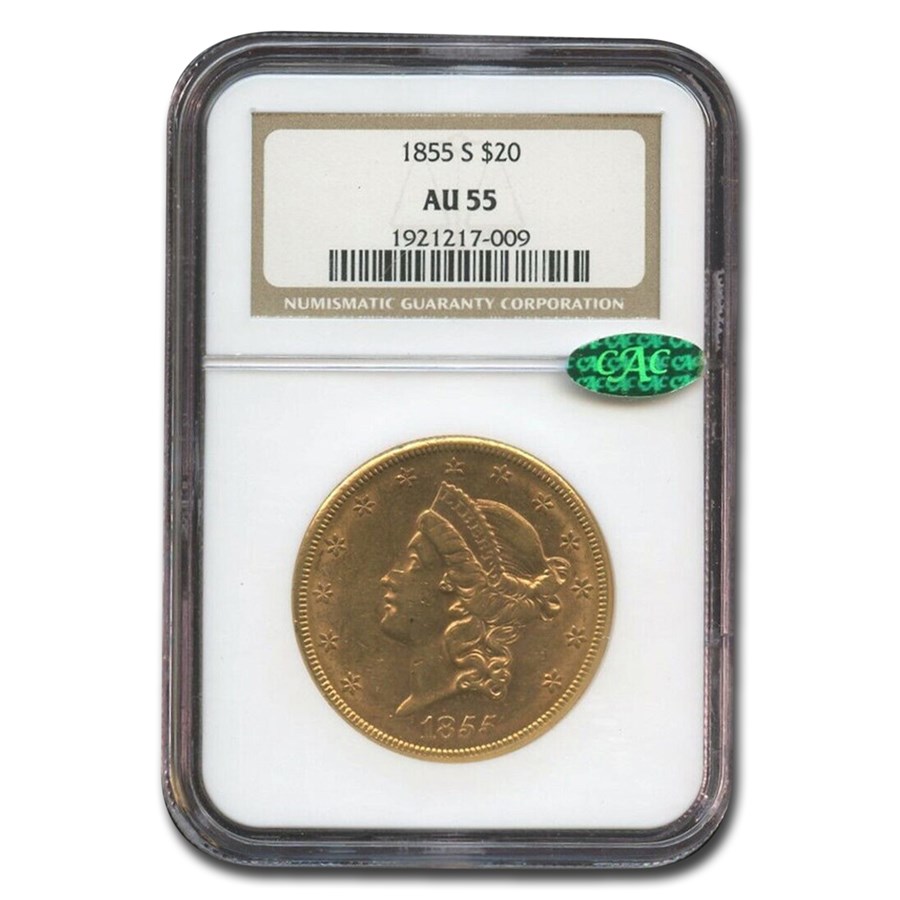 1855-S $20 Liberty Gold Double Eagle AU-55 NGC CAC