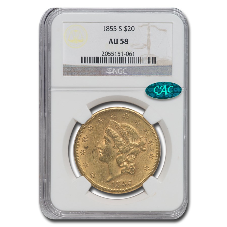 Buy 1855-S $20 Liberty Gold Double Eagle AU-58 NGC CAC | APMEX