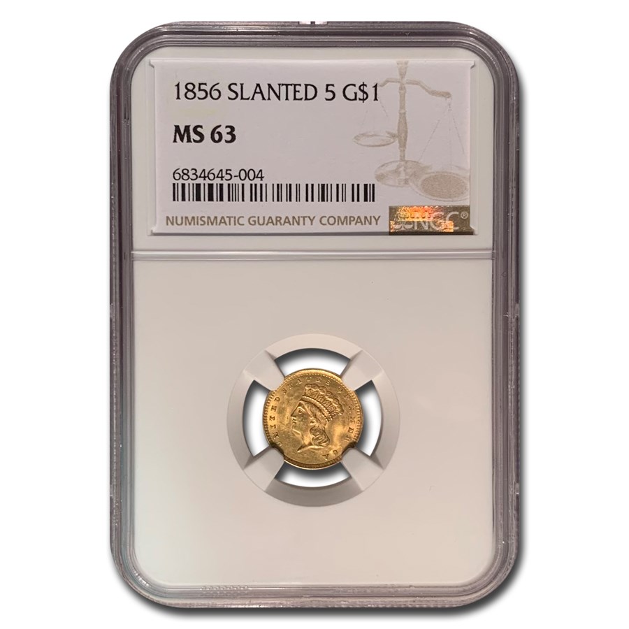 1856 $1 Indian Head Gold Type-3 MS-63 NGC (Slanted 5)