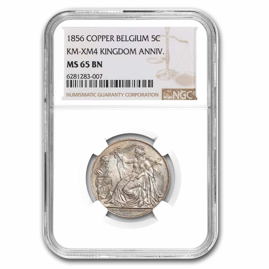 1856 Belgium Copper 5 Centimes 25th Kingdom Ann. MS-65 NGC