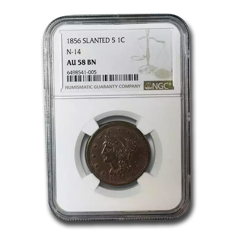 1856 Large Cent AU-58 NGC (Slanted 5, N-14)