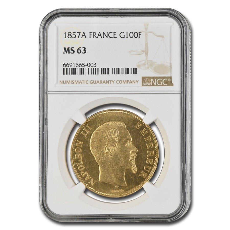 1857-A France Gold 100 Francs Napoleon III MS-63 NGC
