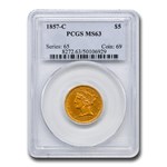 1857-C $5 Liberty Gold Half Eagle MS-63 PCGS