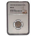 1857-CNB OB Russia Silver10 Kopeks MS-64 NGC