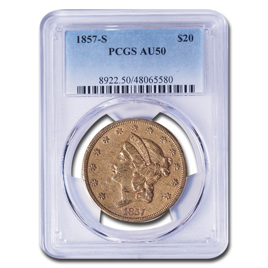 1857-S $20 Liberty Gold Double Eagle AU-50 PCGS
