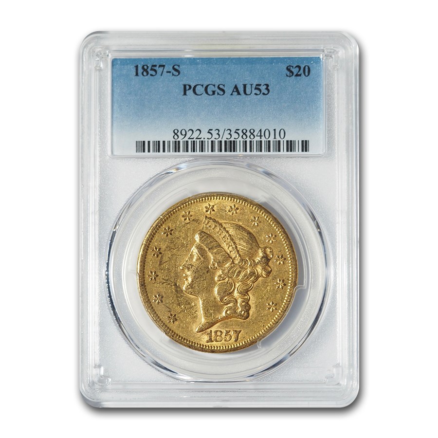 1857-S $20 Liberty Gold Double Eagle AU-53 PCGS