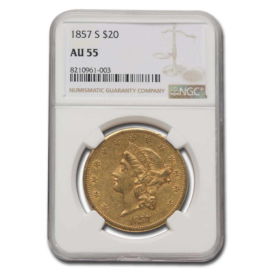 1857-S $20 Liberty Gold Double Eagle AU-55 NGC