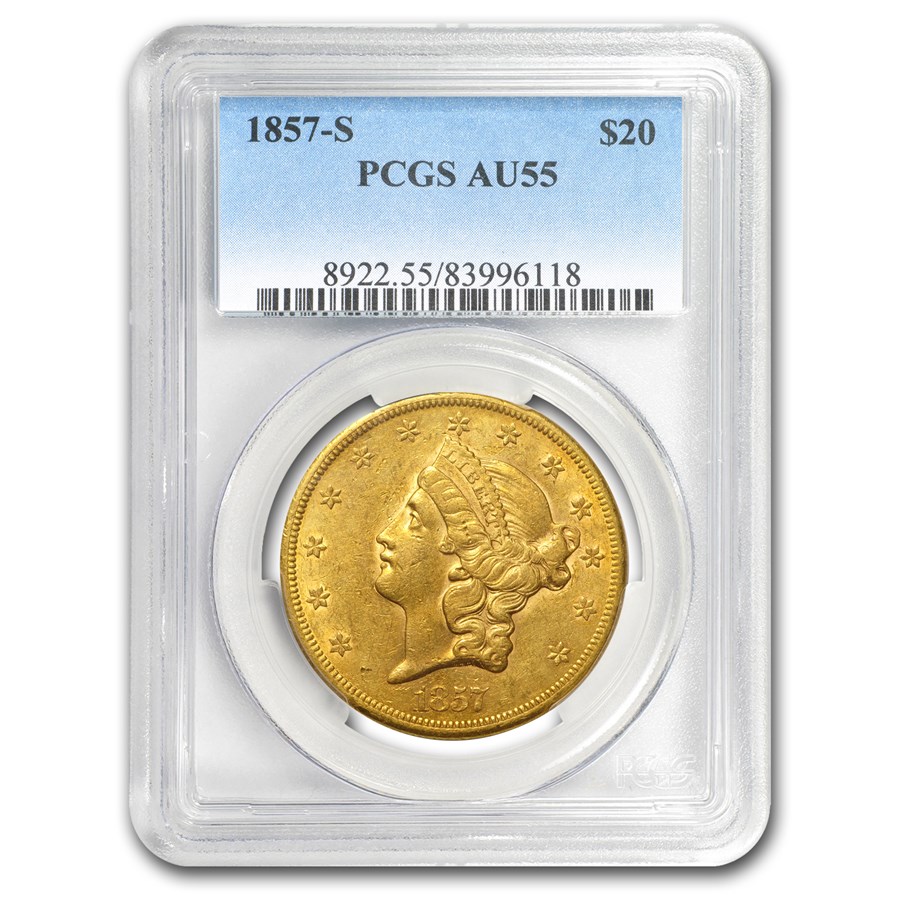 1857-S $20 Liberty Gold Double Eagle AU-55 PCGS