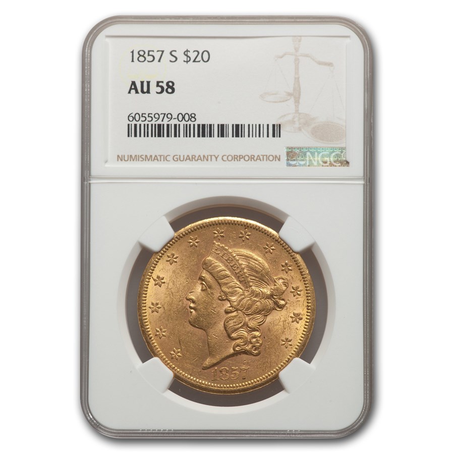 1857-S $20 Liberty Gold Double Eagle AU-58 NGC