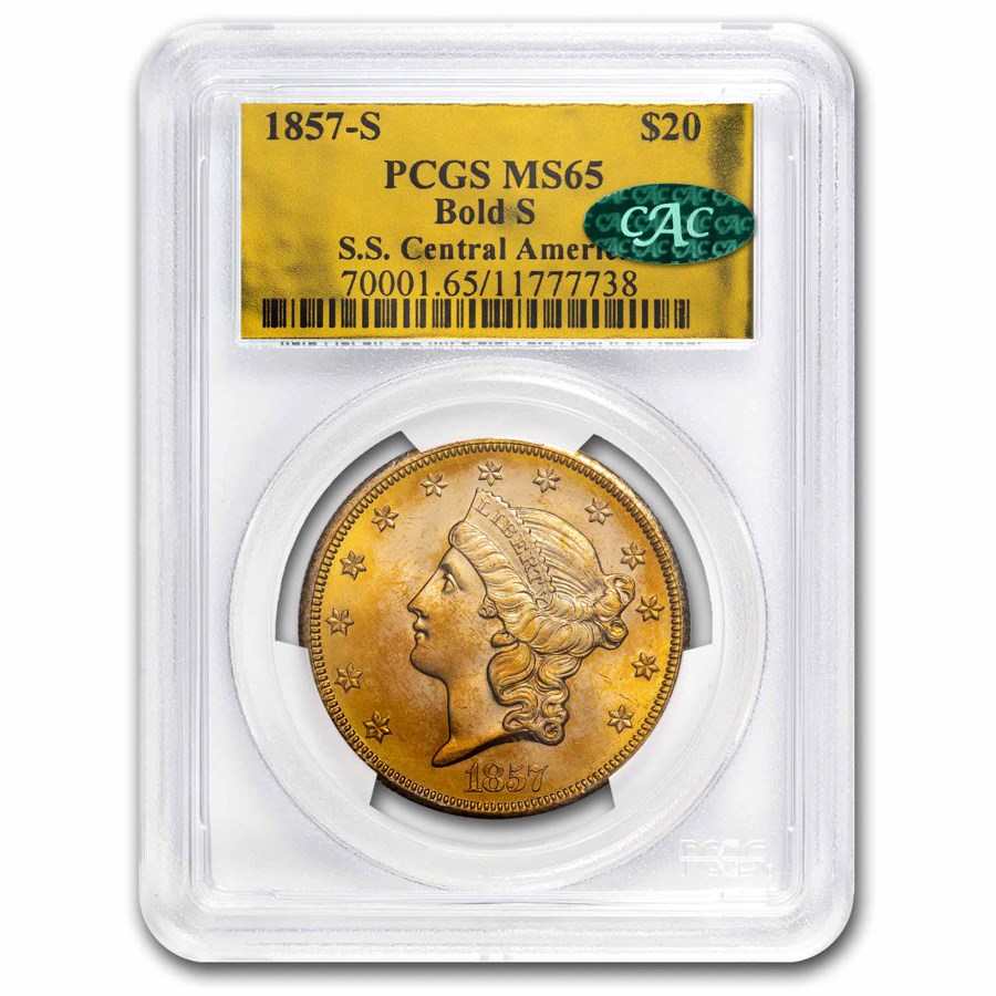 1857-S $20 Liberty Gold SS Central America MS-65 PCGS CAC(Bold S)