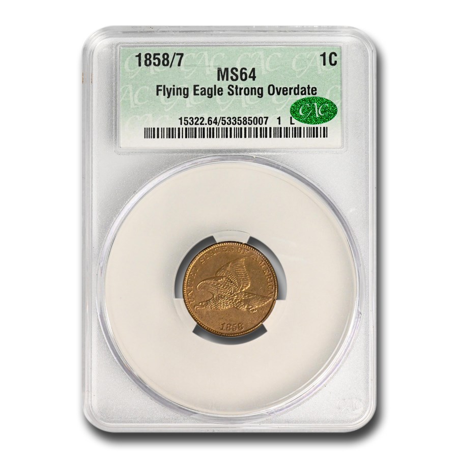 1858/7 Flying Eagle Cent MS-64 CACG (Strong Overdate)