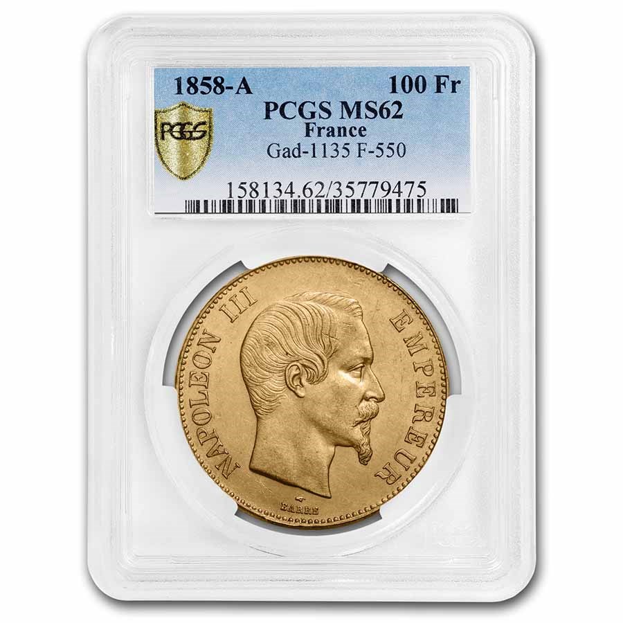 1858-A France Gold 100 Francs Napoleon III MS-62 PCGS