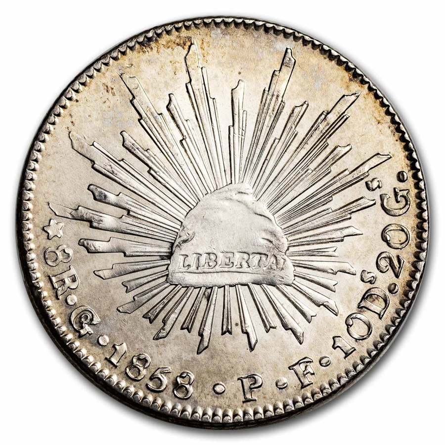 1858-Go PF Mexico Silver 8 Reales Cap & Rays AU Details