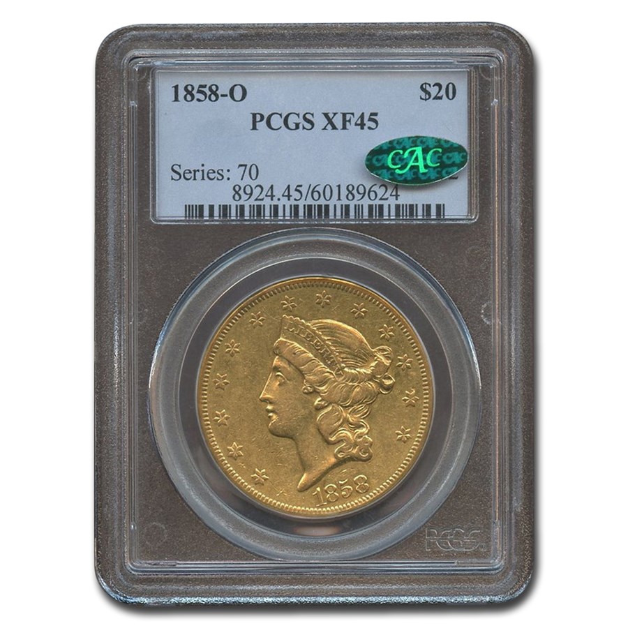 1858-O $20 Liberty Gold Double Eagle XF-45 PCGS CAC