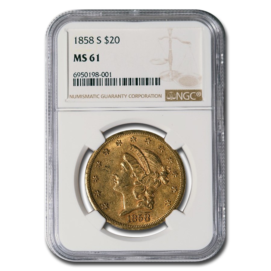 1858-S $20 Liberty Gold Double Eagle MS-61 NGC