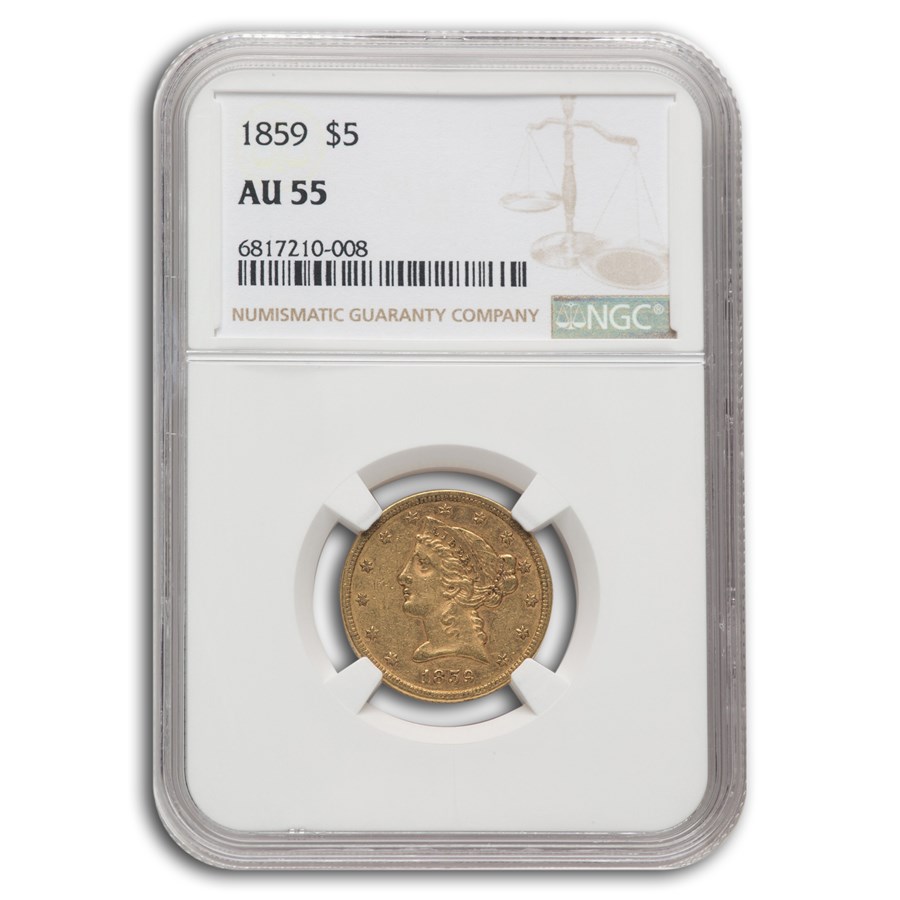 1859 $5 Liberty Gold Half Eagle AU-55 NGC