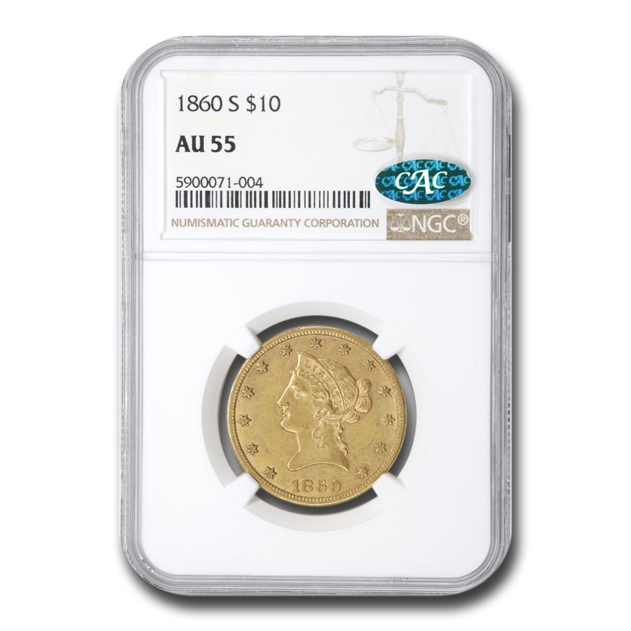 1860-S $10 Liberty Gold Eagle AU-55 NGC CAC